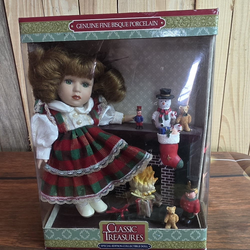 Classic Treasures Porcelain Doll with Red Green Dress Christamas Scene Vintage